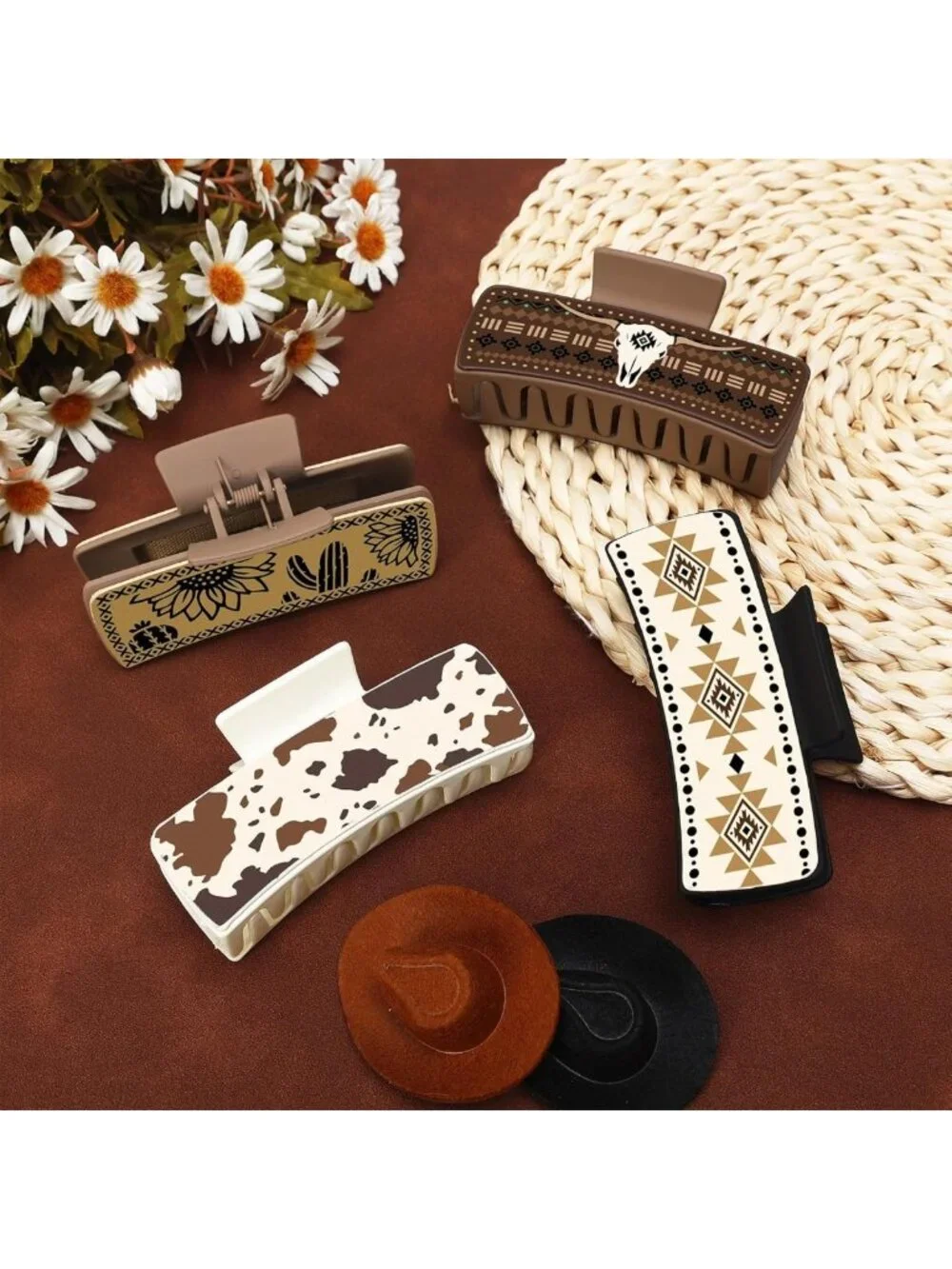 Large Western Floral Hair Claw Clips - Sunflower & Cow Print Hair Accessories